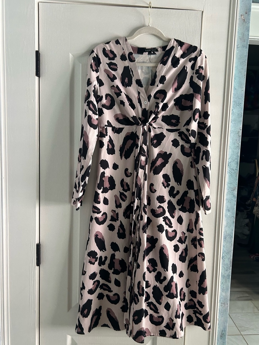 SHEIN Pink and Black Leopard Print Long Sleeve Tie-Front Dress